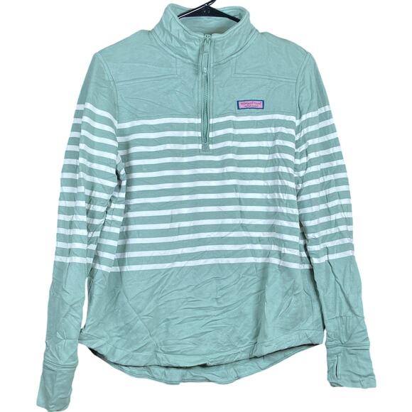 Vineyard Vines Womens Sweater Green White Striped Fleece 1/4 Zip Stretch Small - Picture 1 of 12